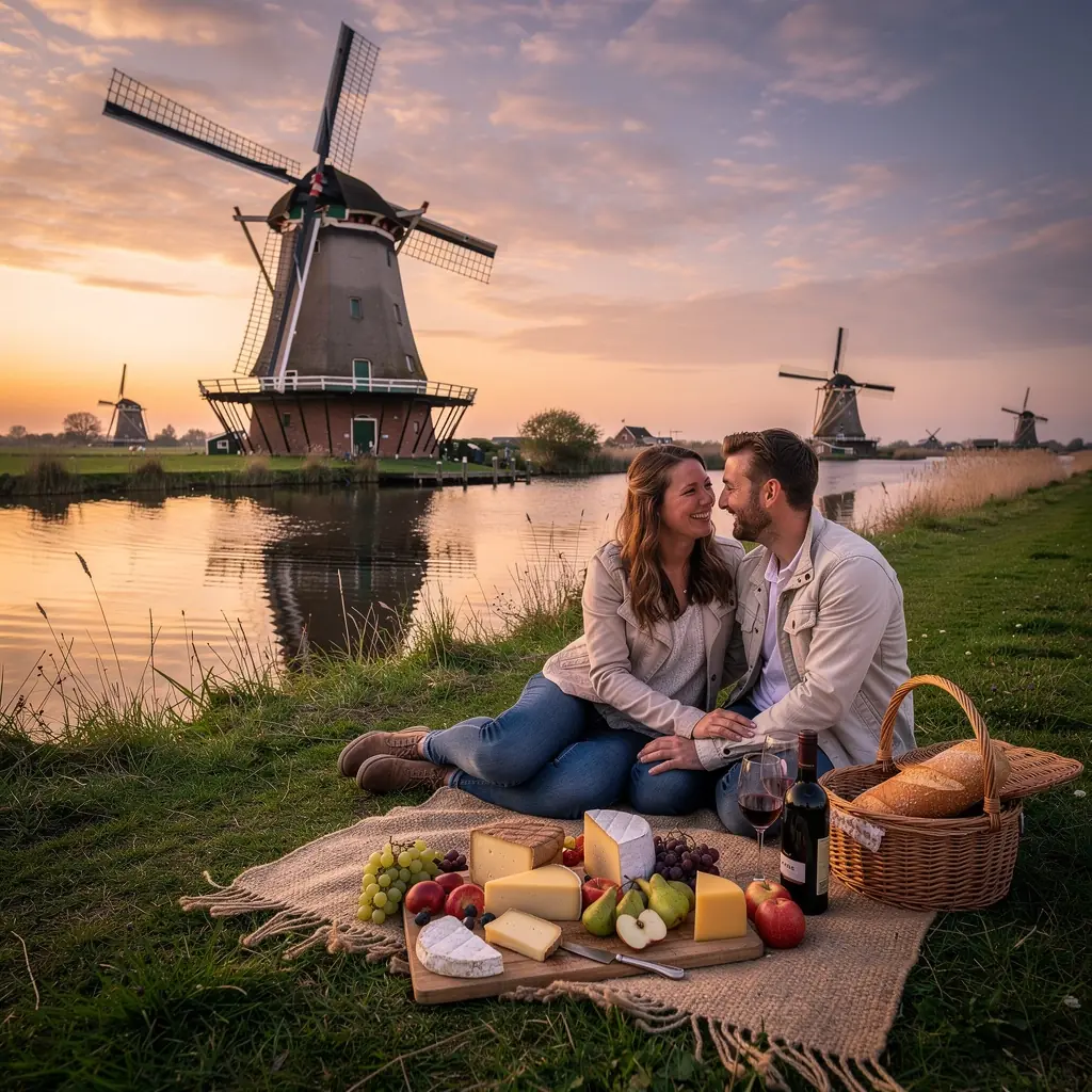Toeristen die een rondleiding krijgen bij de molen van Kinderdijk, met de molenaar die zijn vak uitlegt.